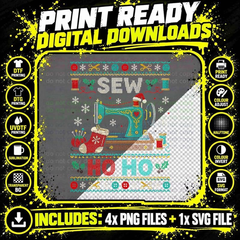 Sew Ho Ho Sewing Machine Christmas Ugly Sweater Seamstress Halftone T-Shirt Png SVG Digital Bundle