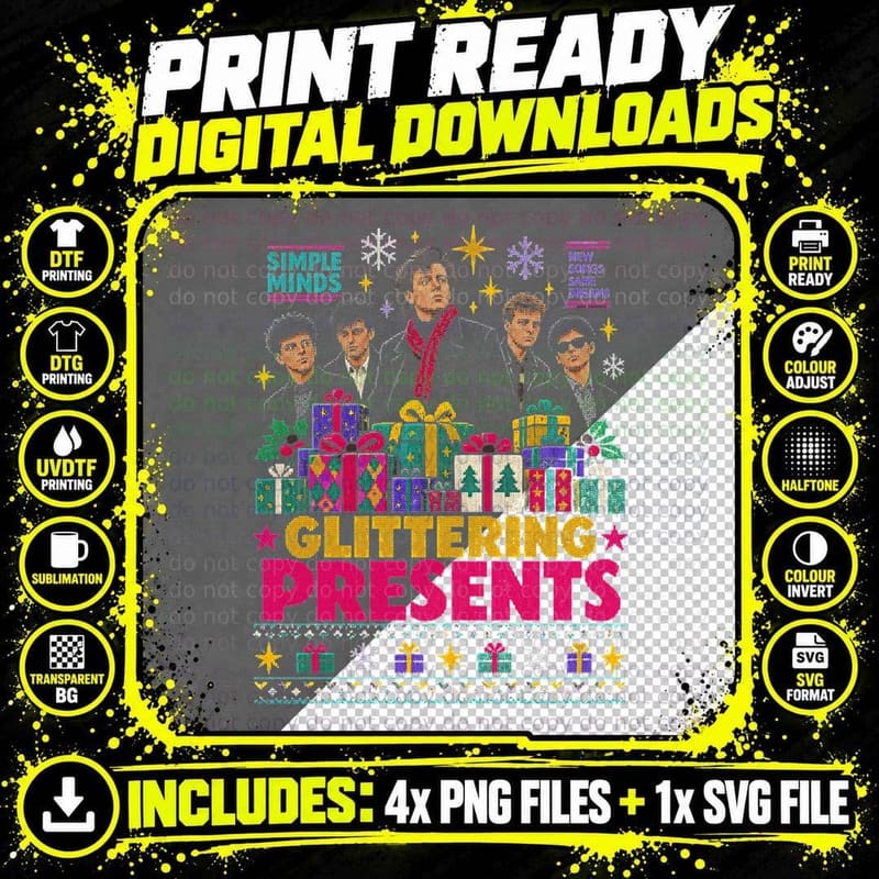 Simple Minds Christmas Ugly Sweater Glittering Presents Png SVG Digital Bundle