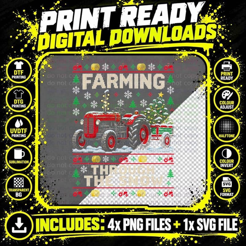 Christmas Farming Tractor Ugly Sweater Farmer Gift Png SVG Digital Bundle
