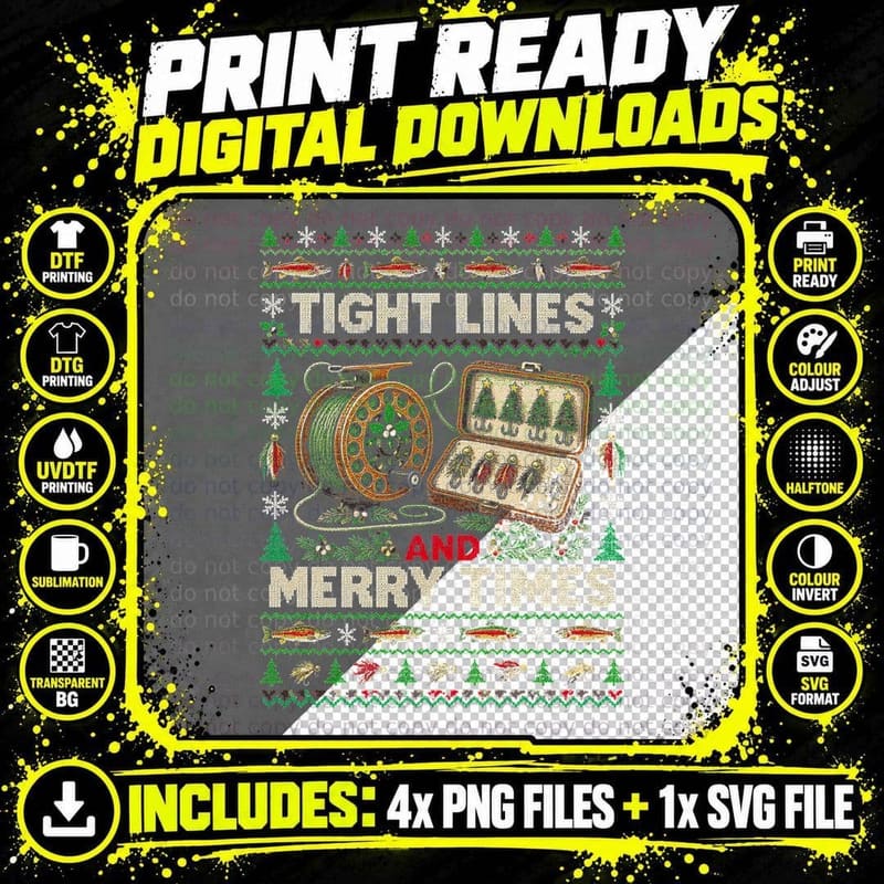 Christmas Fly Fishing Ugly Sweater Trout Angler Fly Reel Png SVG Digital Bundle