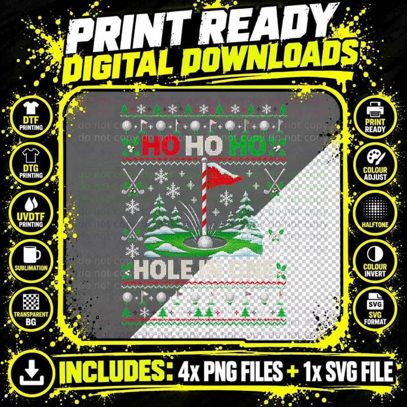 Christmas Golf Ugly Sweater Ho Ho Hole In One Funny Png SVG Digital Bundle