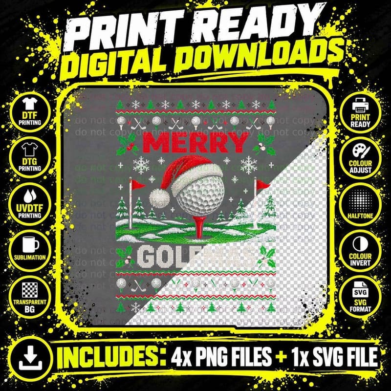 Christmas Golf Ugly Sweater Merry Golfmas Funny Golfer Png SVG Digital Bundle