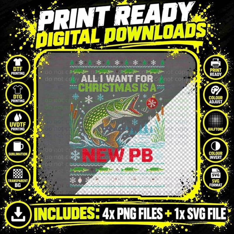 Christmas Pike Fishing Ugly Sweater Predator Angler Png SVG Digital Bundle