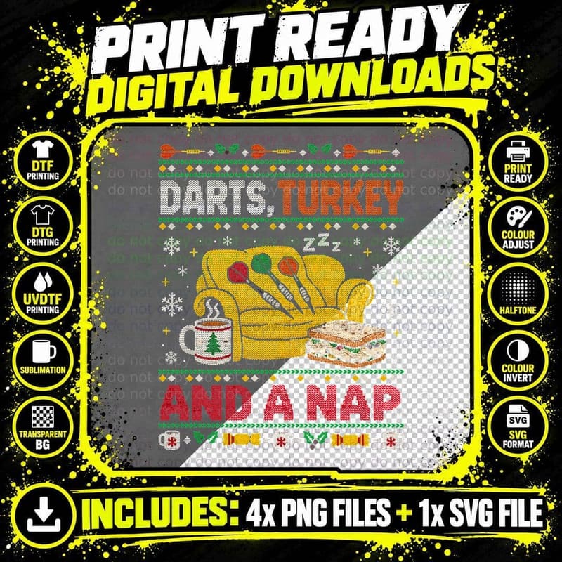 Darts Turkey Nap Sofa Christmas Ugly Sweater Funny Png SVG Digital Bundle