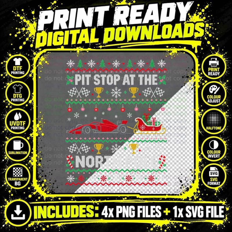 Formula Racing Car Santa Sleigh Christmas Ugly Sweater Png SVG Digital Bundle