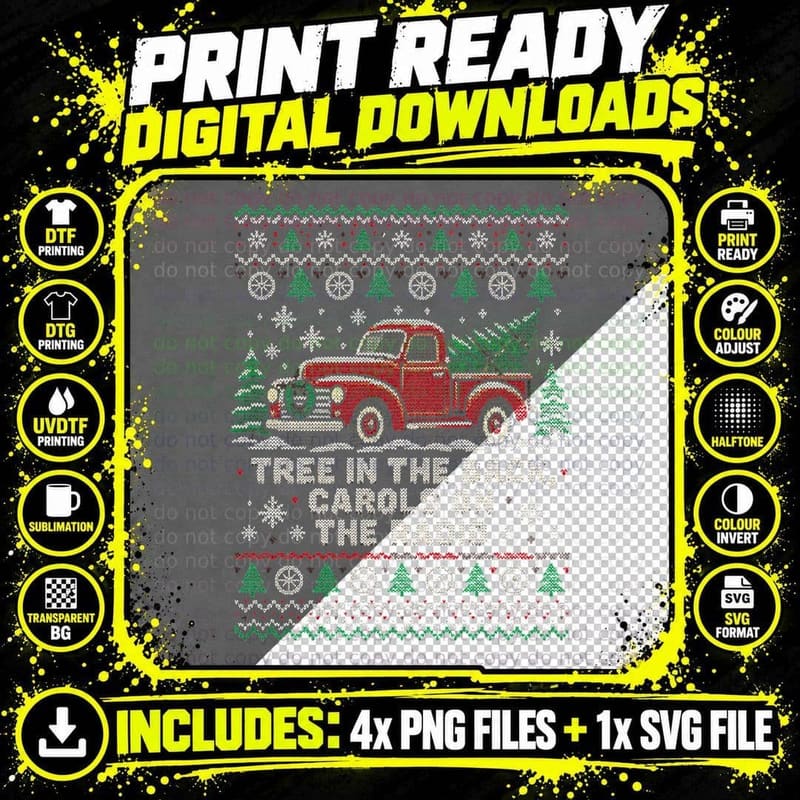 Old Red Pickup Truck Christmas Tree Ugly Sweater Gift Png SVG Digital Bundle