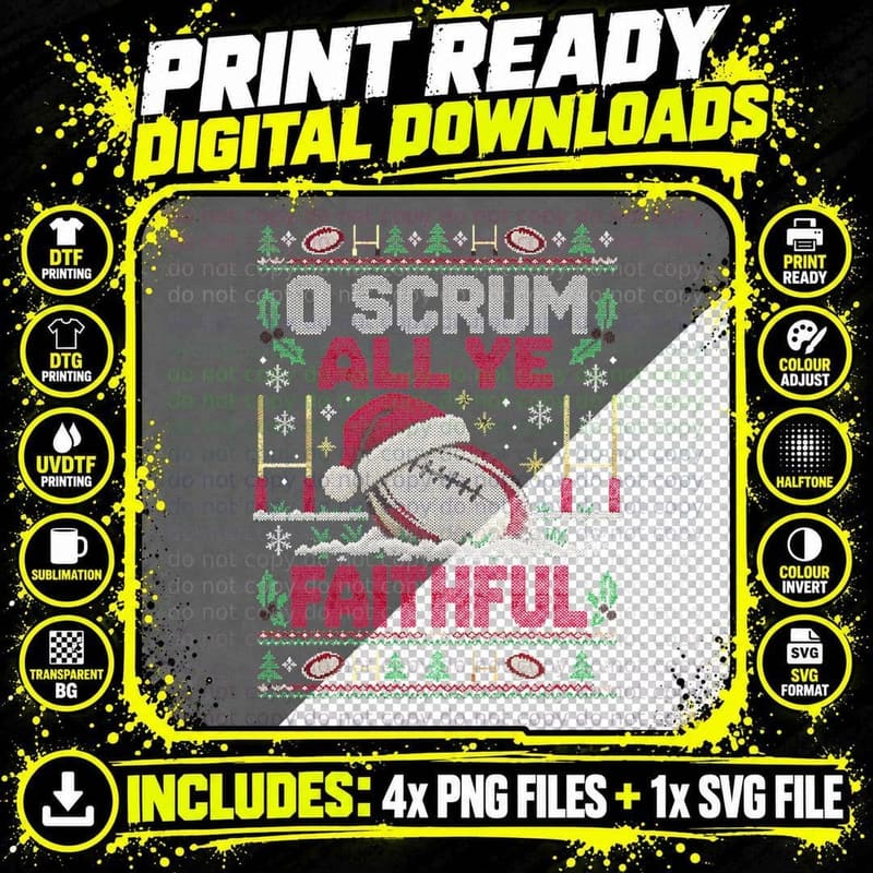 Rugby Ball O Scrum All Ye Faithful Christmas Ugly Png SVG Digital Bundle