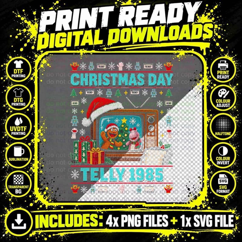 Christmas Day Telly 1985 Ugly Sweater 80s British TV Puppets Halftone T-Shirt Png SVG Digital Bundle