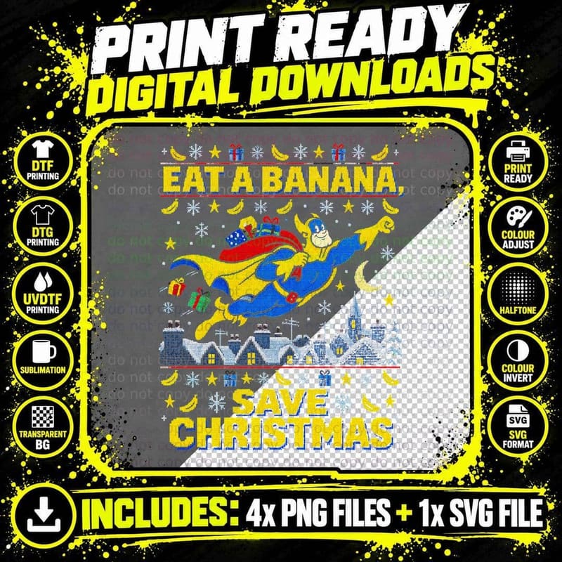 Bananaman Eat A Banana Save Christmas Retro 80s Cartoon Png SVG Digital Bundle