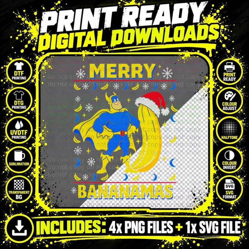 Bananaman Merry Bananamas Christmas Ugly Sweater Retro Png SVG Digital Bundle