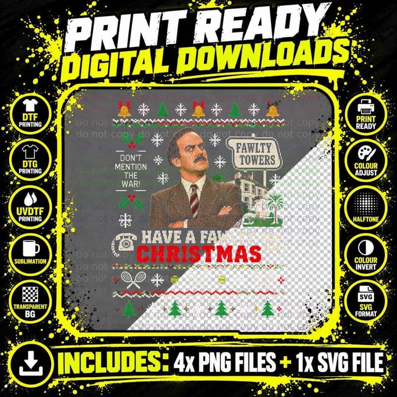 Fawlty Towers Ugly Sweater Basil Fawlty Don't Mention Png SVG Digital Bundle