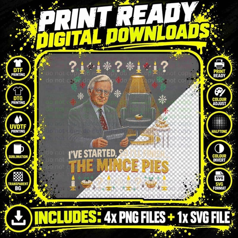 Magnus I've Started So I'll Finish The Mince Pies Quiz Show Halftone T-Shirt Png SVG Digital Bundle
