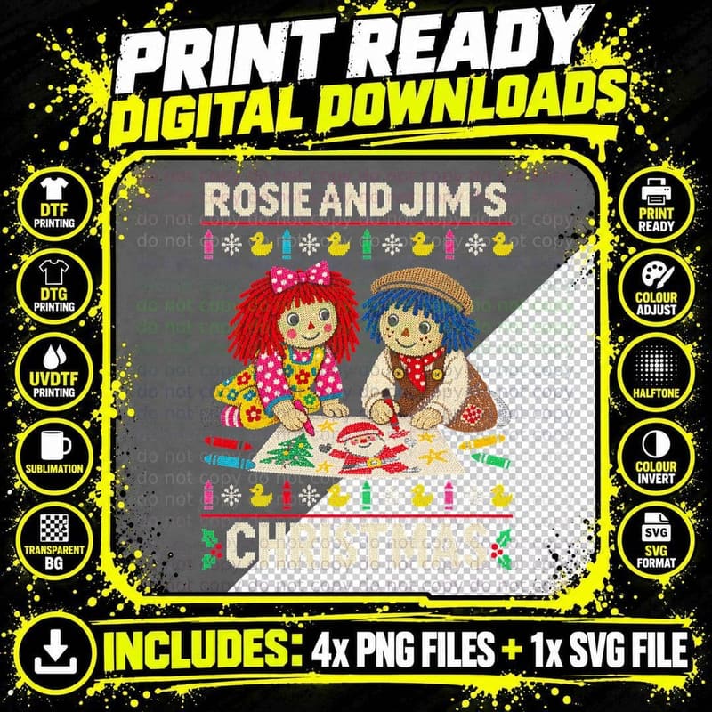 Retro Kids TV Rag Dolls Christmas Ugly Sweater 90s Puppets Halftone T-Shirt Png SVG Digital Bundle
