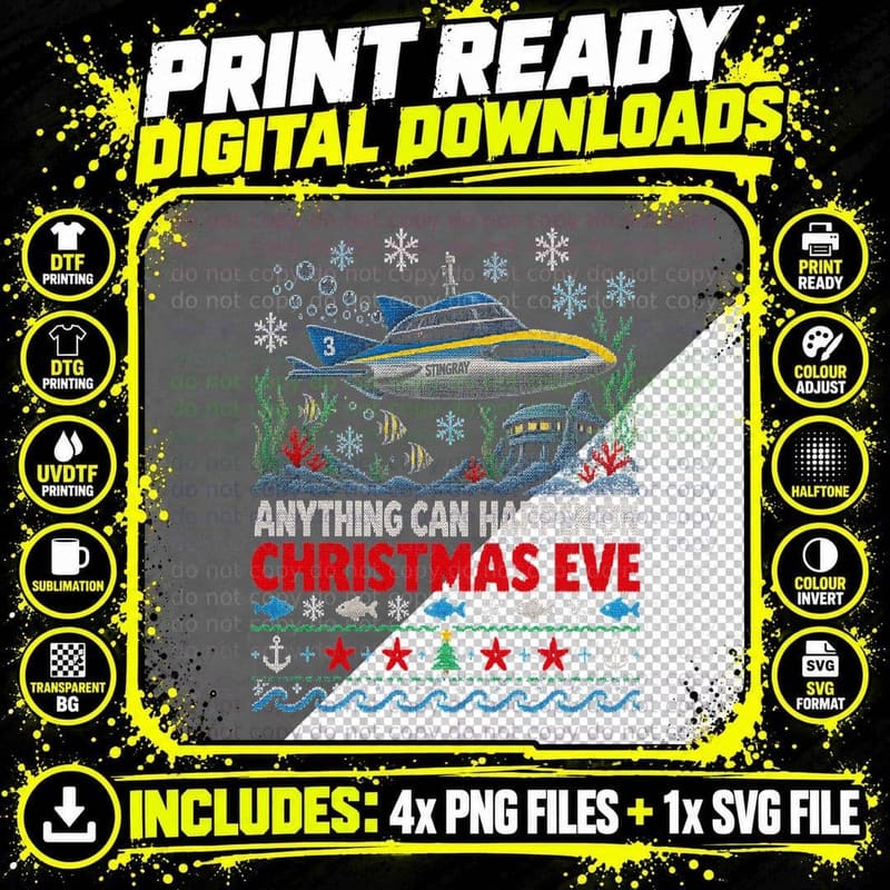 Anything Can Happen On Christmas Eve 60s Puppet Submarine TV Halftone T-Shirt Png SVG Digital Bundle