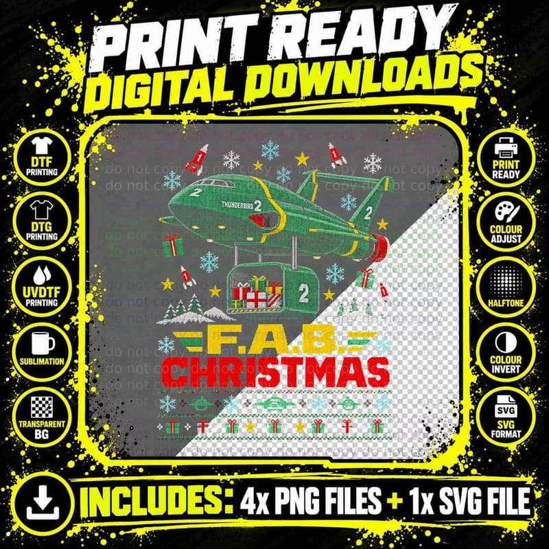 Thunderbirds Ugly Sweater Thunderbird 2 FAB Christmas Png SVG Digital Bundle