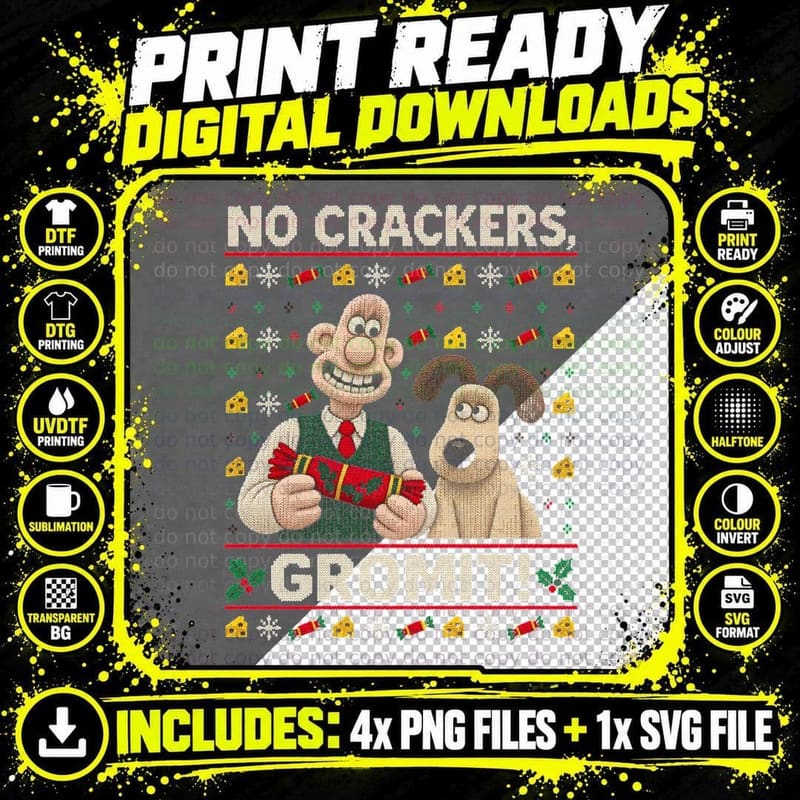 Wallace and Gromit No Crackers Gromit Christmas Sweater Png SVG Digital Bundle