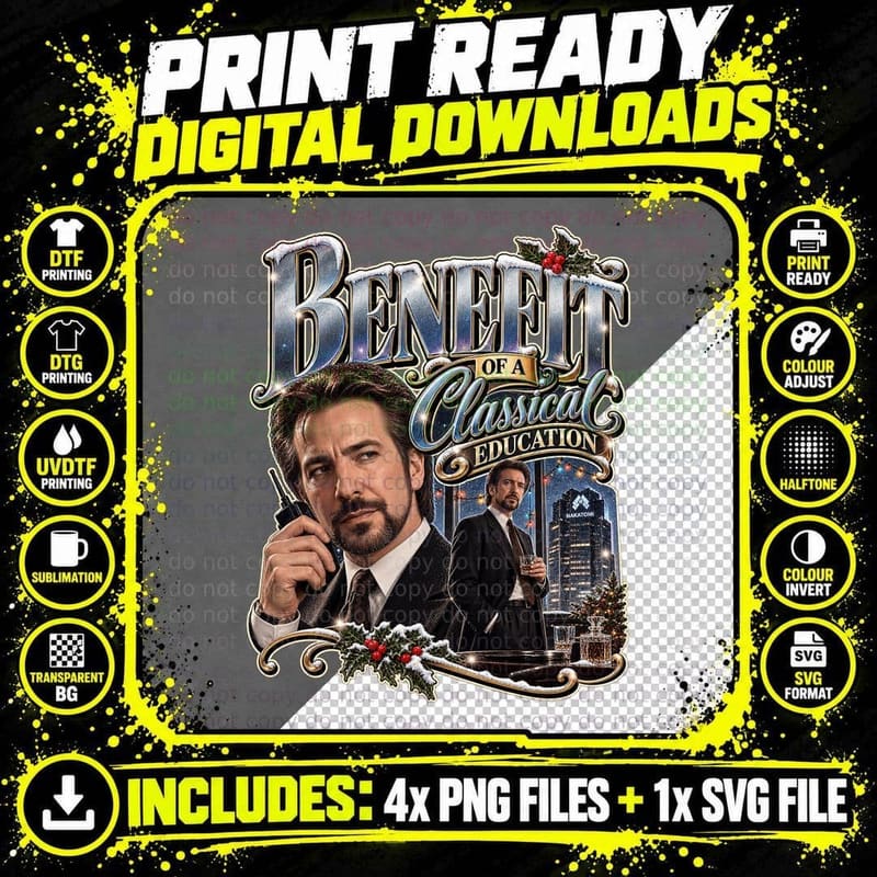 Alan Rickman Hans Gruber Classical Education Christmas Png SVG Digital Bundle