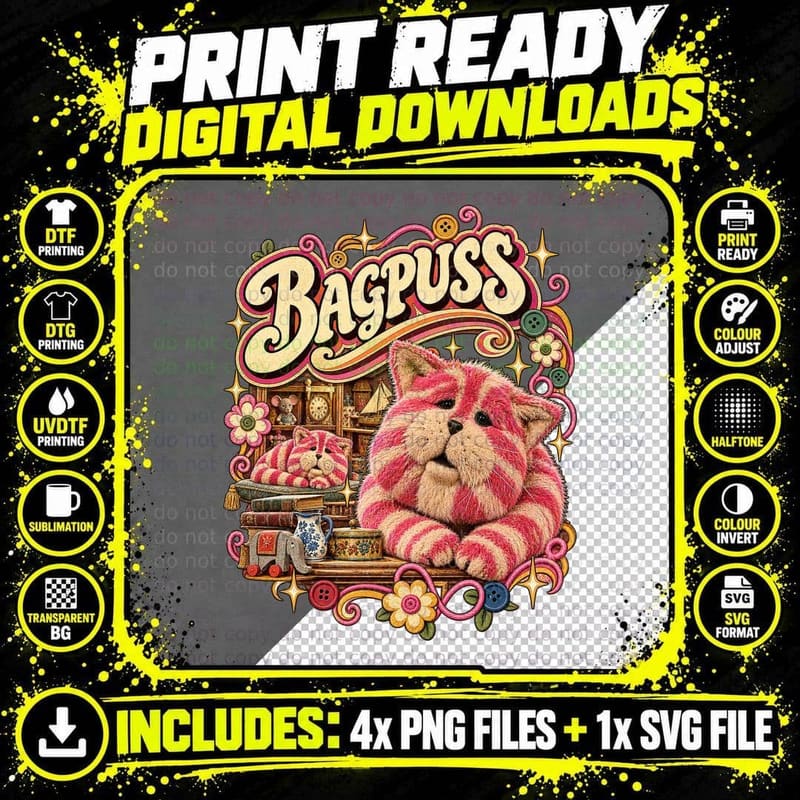 Bagpuss Vintage Retro 70s Pink Stripe Cloth Cat British Png SVG Digital Bundle