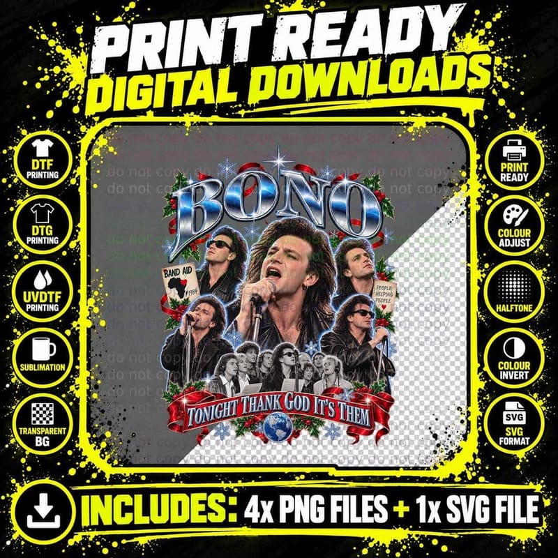 Bono Band Aid Vintage Bootleg 1984 Christmas Rock Music Png SVG Digital Bundle