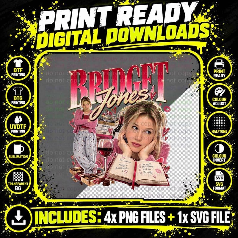 Bridget Jones Vintage Bootleg Renee Zellweger Diary Wine Png SVG Digital Bundle