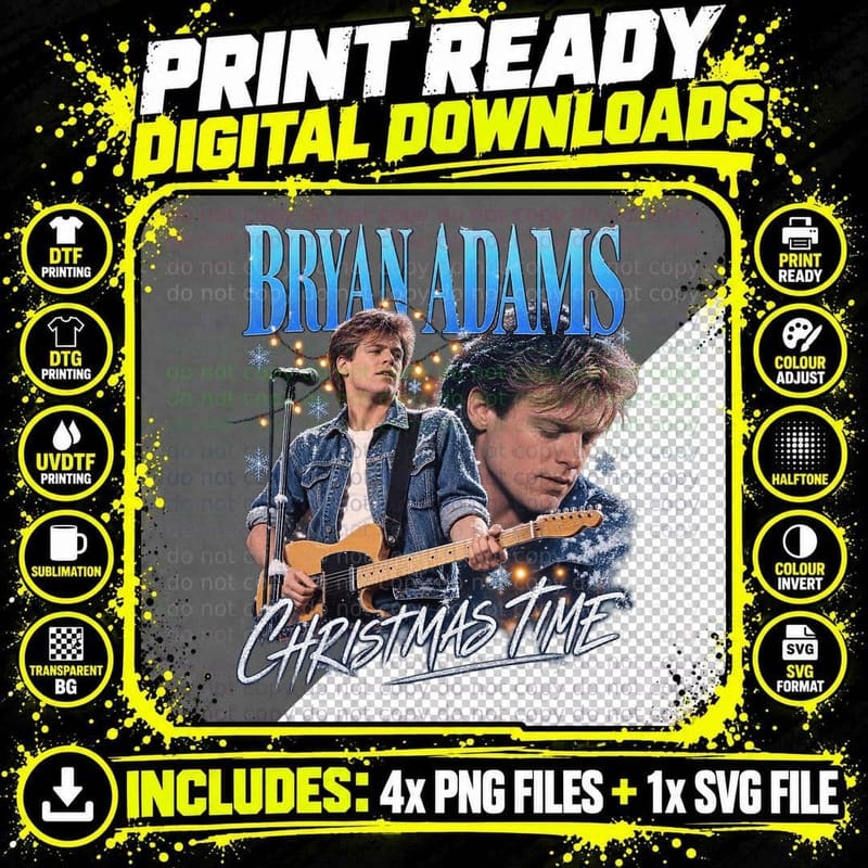 Bryan Adams Christmas Time Retro 80s Rock Music Guitar Png SVG Digital Bundle