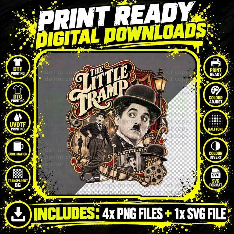 Charlie Chaplin Vintage Little Tramp Silent Film Comedy Png SVG Digital Bundle