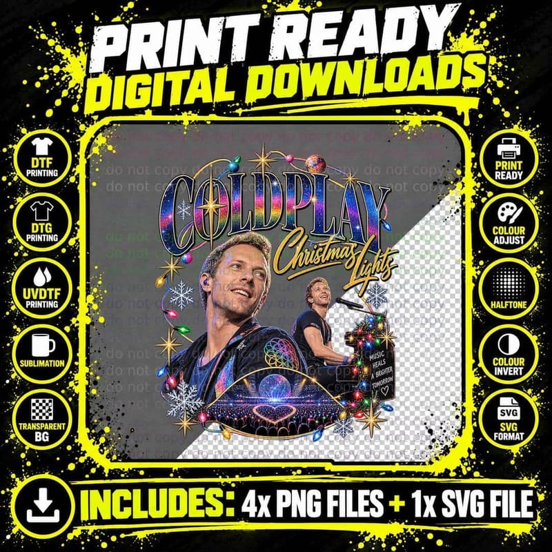 Chris Martin Coldplay Christmas Lights Retro Music Fan Png SVG Digital Bundle