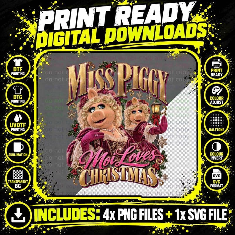 Christmas Carol Vintage Miss Piggy Moi Loves Christmas Png SVG Digital Bundle