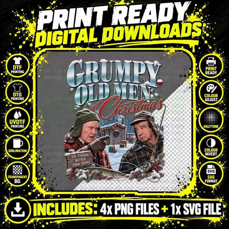 Grumpy Old Men at Christmas Ice Fishing Retro Comedy Png SVG Digital Bundle