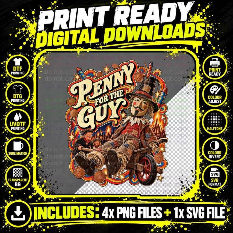 Guy Fawkes Vintage Penny for the Guy Bonfire Night Png SVG Digital Bundle
