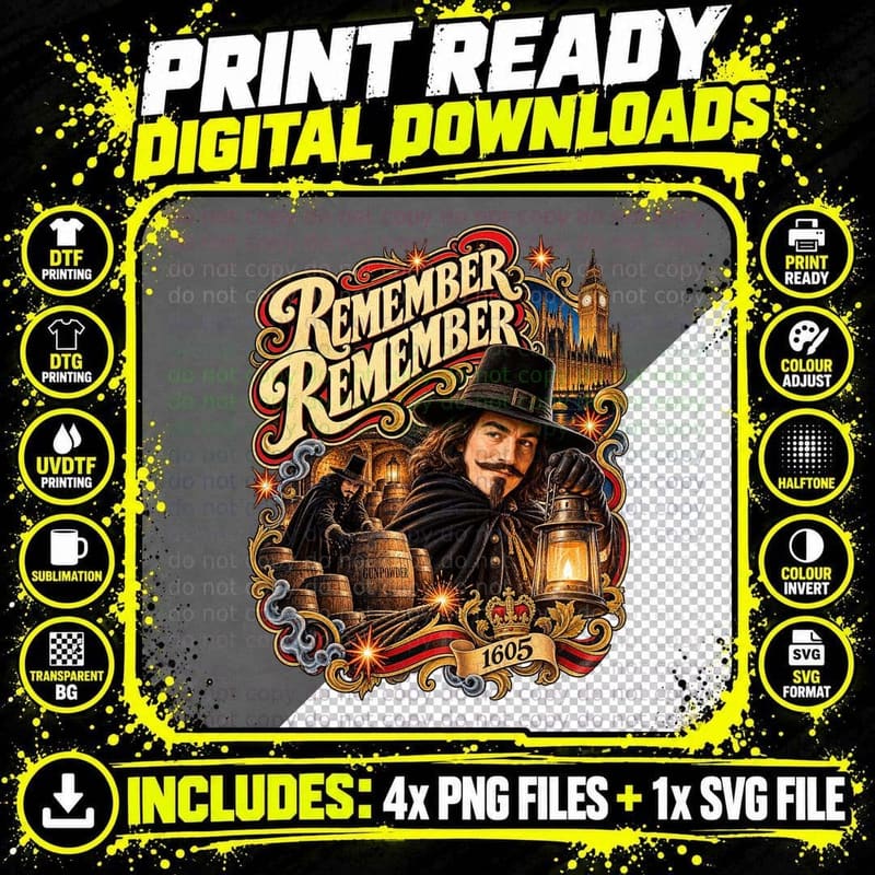 Guy Fawkes Vintage Remember Remember Gunpowder Plot Png SVG Digital Bundle