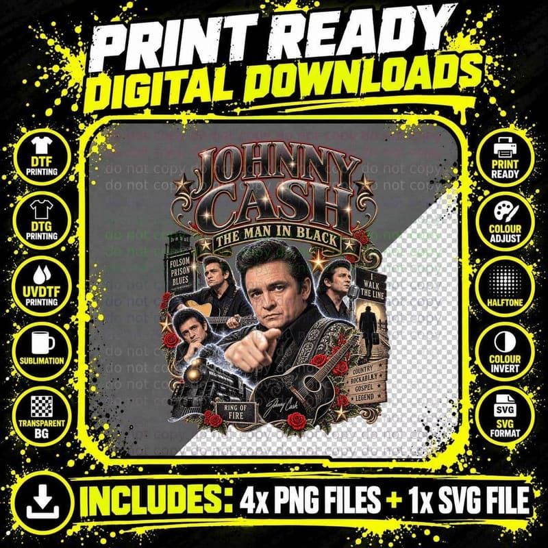 Johnny Cash The Man in Black Ring of Fire Retro Country Png SVG Digital Bundle