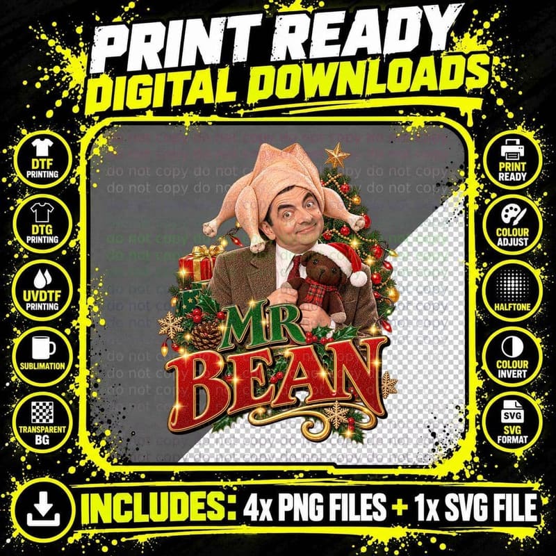 Mr Bean Retro Rowan Atkinson Teddy Turkey Christmas Png SVG Digital Bundle