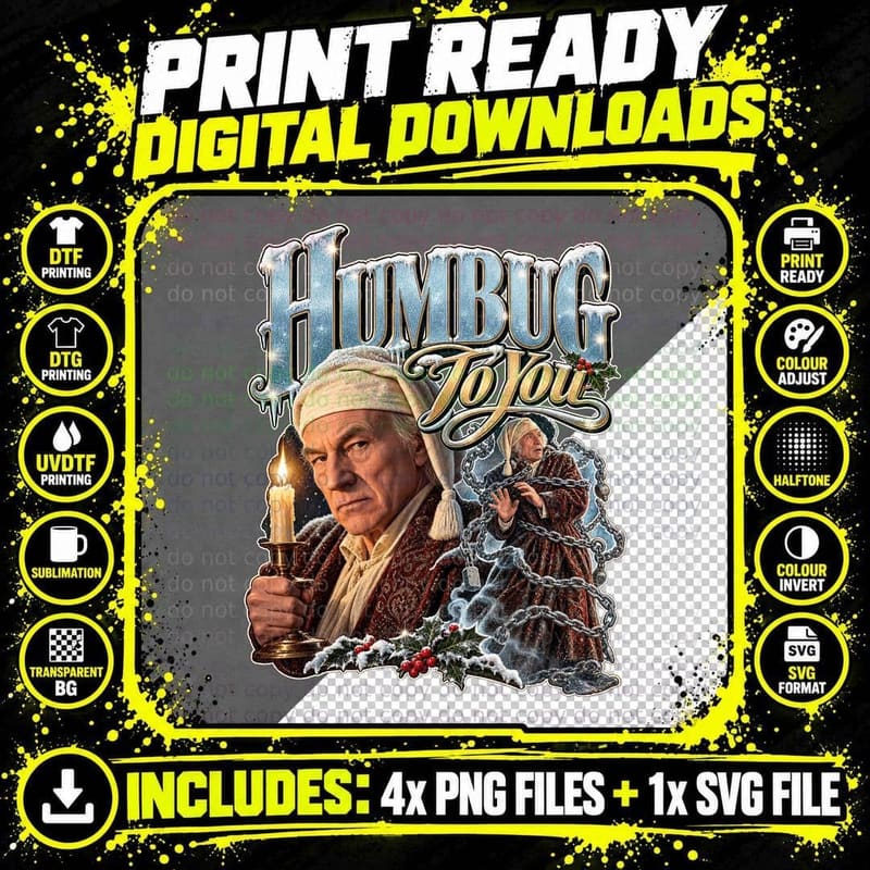 Patrick Stewart Scrooge Bah Humbug Christmas Carol Retro Png SVG Digital Bundle