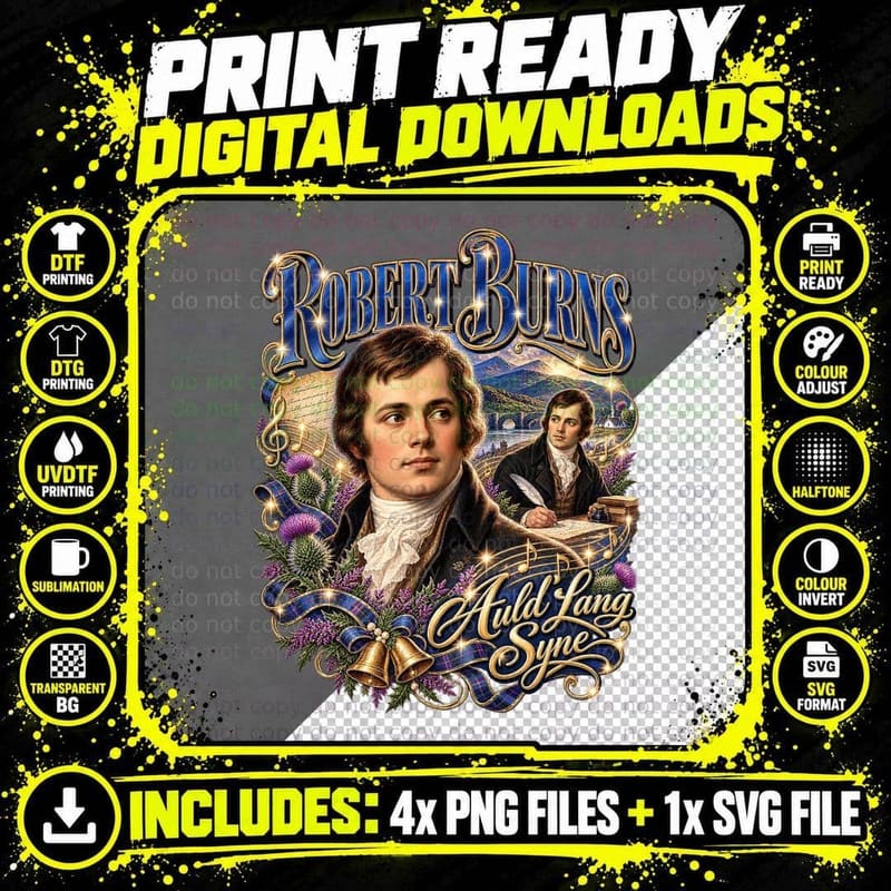 Robert Burns Auld Lang Syne Scottish Poet New Year UK Png SVG Digital Bundle