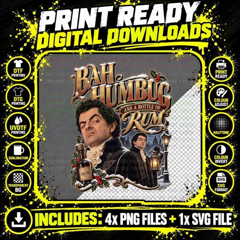 Rowan Atkinson Bah Humbug Rum Blackadder Christmas Retro Png SVG Digital Bundle
