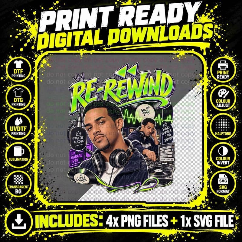 Craig David Re-Rewind Retro UK Garage 90s Bootleg Music Png SVG Digital Bundle