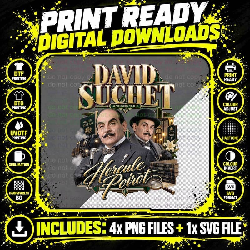 David Suchet Hercule Poirot Retro British TV Detective Png SVG Digital Bundle