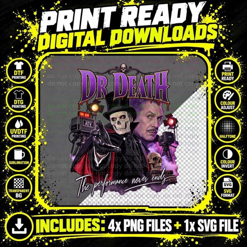 Dr Death Vincent Price Vintage Horror Skull Cult Movie Png SVG Digital Bundle