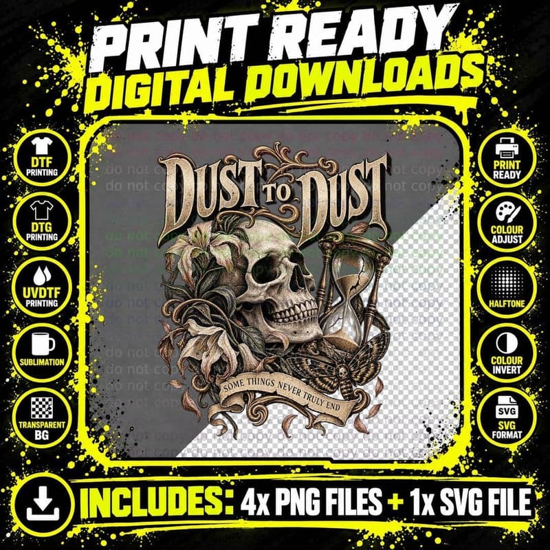 Dust To Dust Gothic Skull Hourglass Death Moth Memento Mori Horror T-Shirt Png SVG Digital Bundle