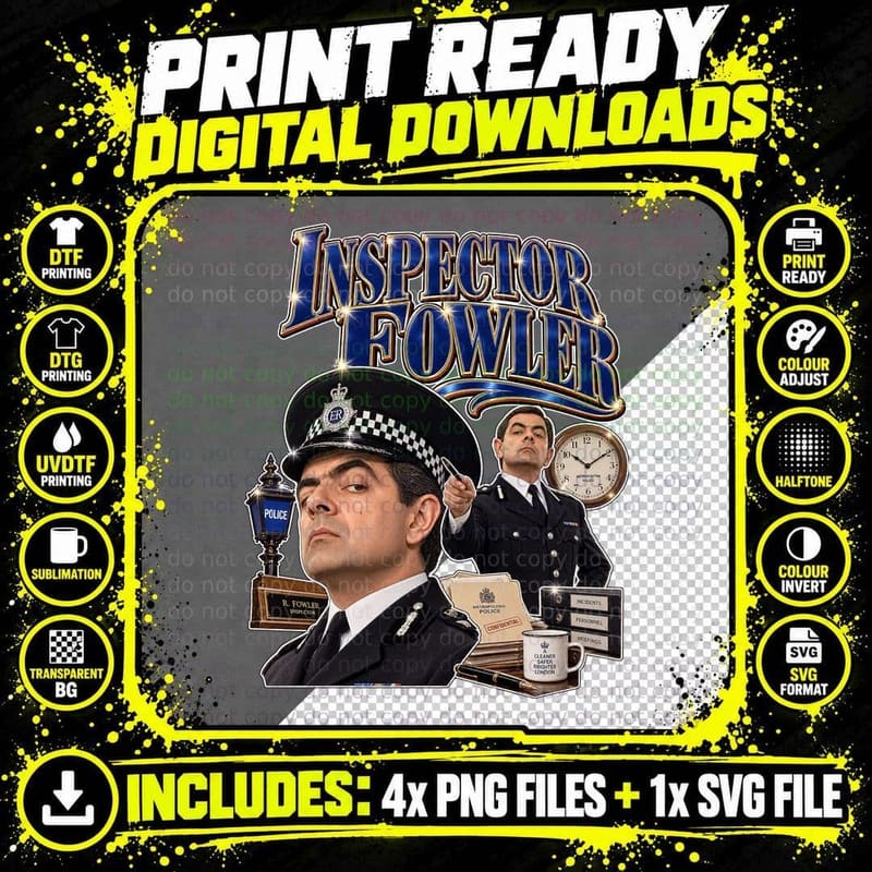 Inspector Fowler Rowan Atkinson Vintage Bootleg British Png SVG Digital Bundle