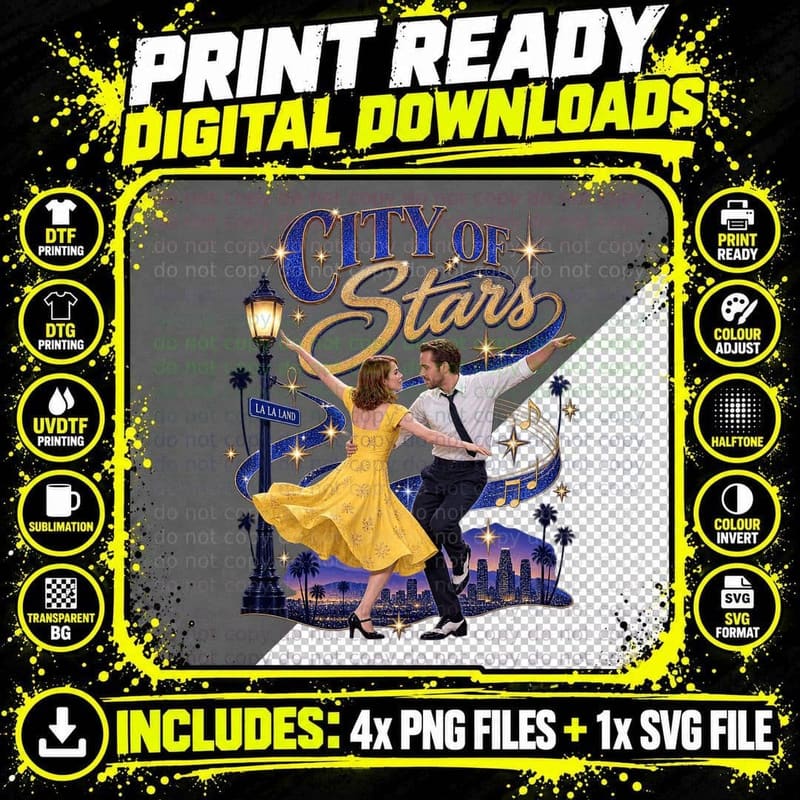 La La Land Vintage Bootleg Ryan Gosling Emma Stone City Png SVG Digital Bundle