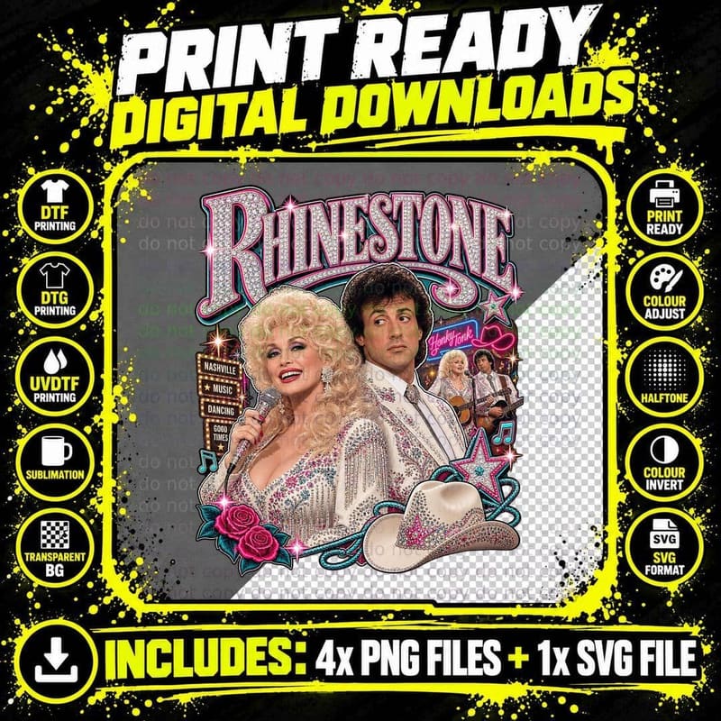Rhinestone Retro Dolly Parton Sylvester Stallone Country Png SVG Digital Bundle