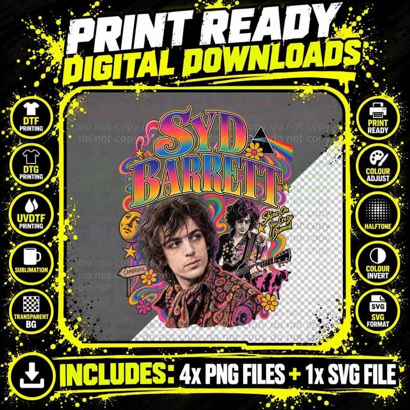 Syd Barrett Retro 60s Psychedelic Rock Cambridge Png SVG Digital Bundle