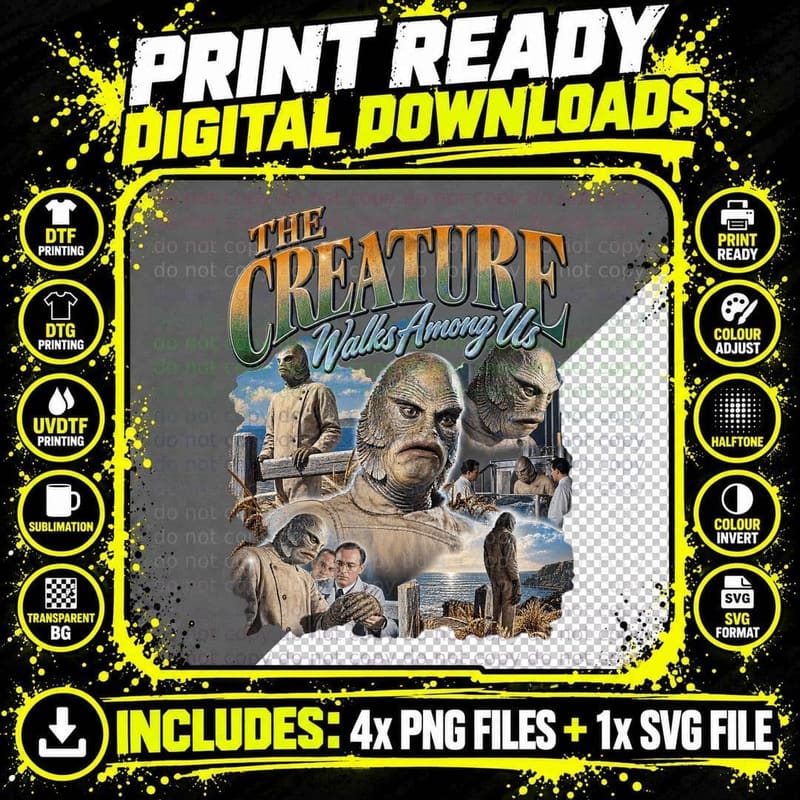 The Creature Walks Among Us Vintage 1956 Gill Man Png SVG Digital Bundle