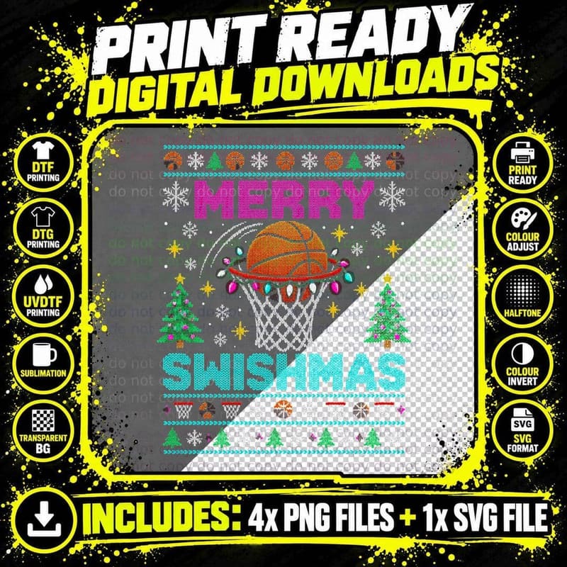 Basketball Christmas Ugly Sweater Merry Swishmas Hoop Png SVG Digital Bundle
