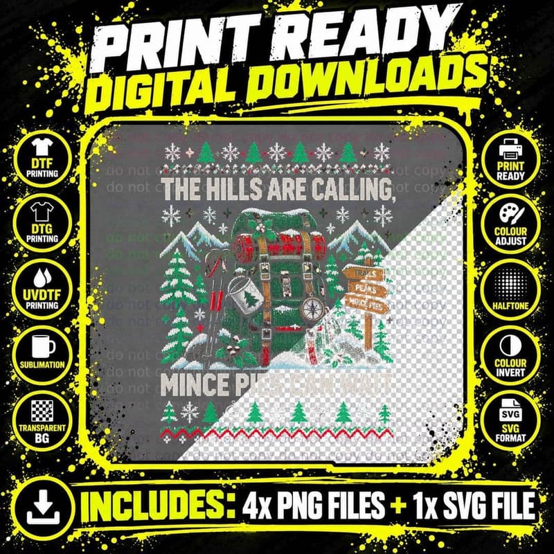 Hiking Christmas Ugly Sweater Hills Are Calling Rucksack Png SVG Digital Bundle