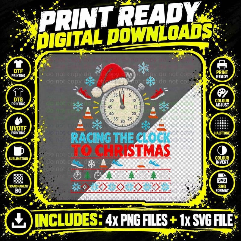 Running Christmas Ugly Sweater Racing The Clock Png SVG Digital Bundle