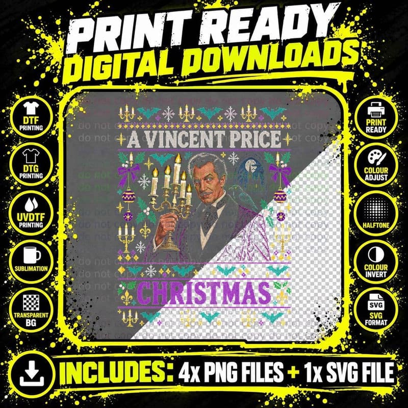 A Vincent Price Christmas Ugly Sweater Horror Retro Png SVG Digital Bundle
