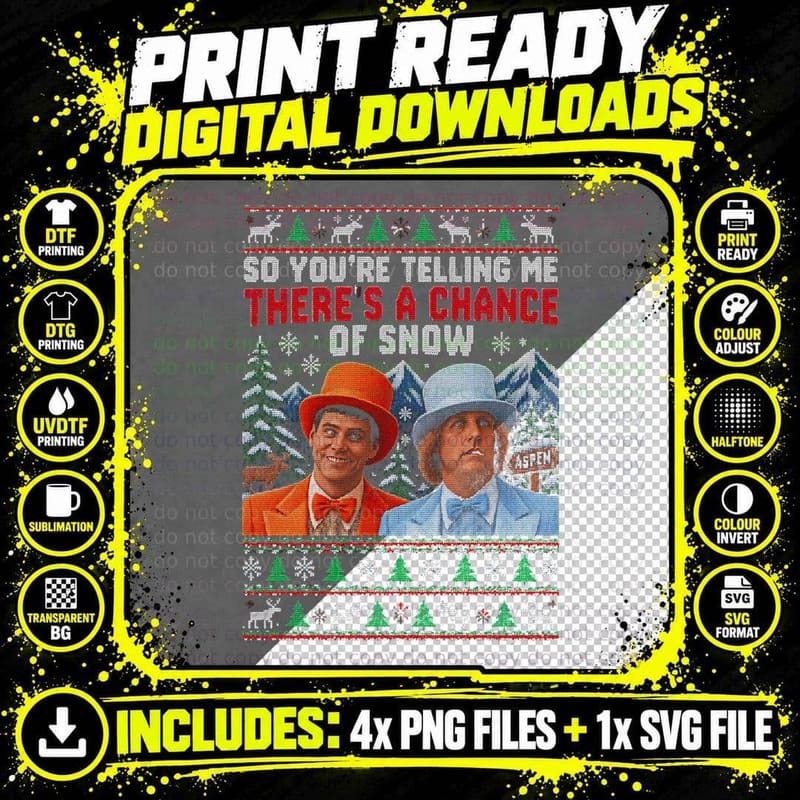 Dumb and Dumber Chance of Snow Christmas Ugly Sweater Png SVG Digital Bundle